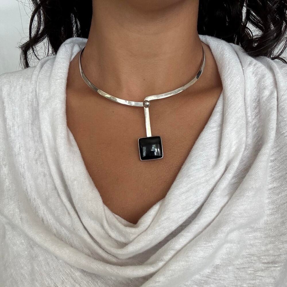 Vintage Mexican 925 Sterling Silver Black Onyx Collar Choker Necklace - Picture 2 of 8